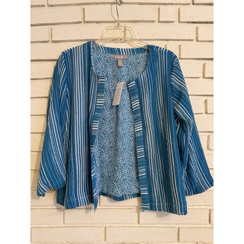 Chicos Shrug  Size 0 US Small 3/4 Sleeves Open Front Turquoise Stripes ‎ NEW